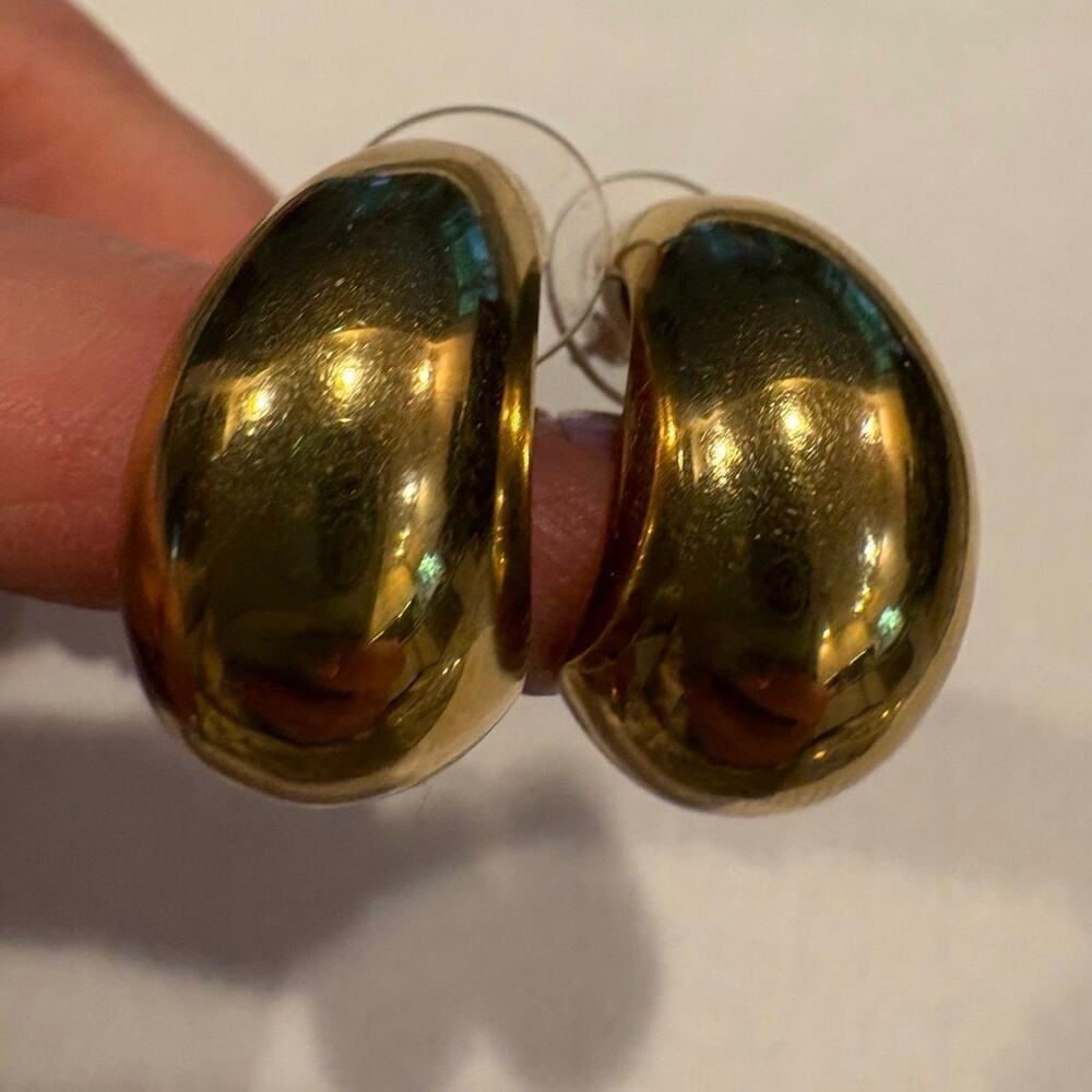 Chunky Dome Teardrop Hoop Earrings Polished Gold Tone Metal